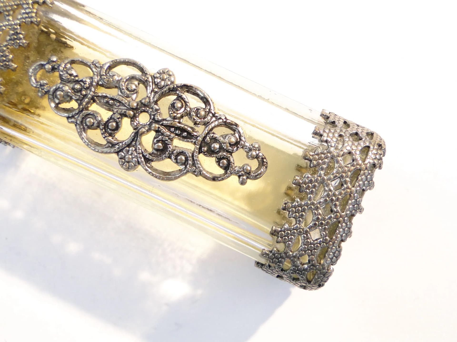 Flakon na perfumy, Art Nouveau & Neo-Baroque, szkło transparent, metal srebrny, Bohemia, Czechy, lata 50. - 390396