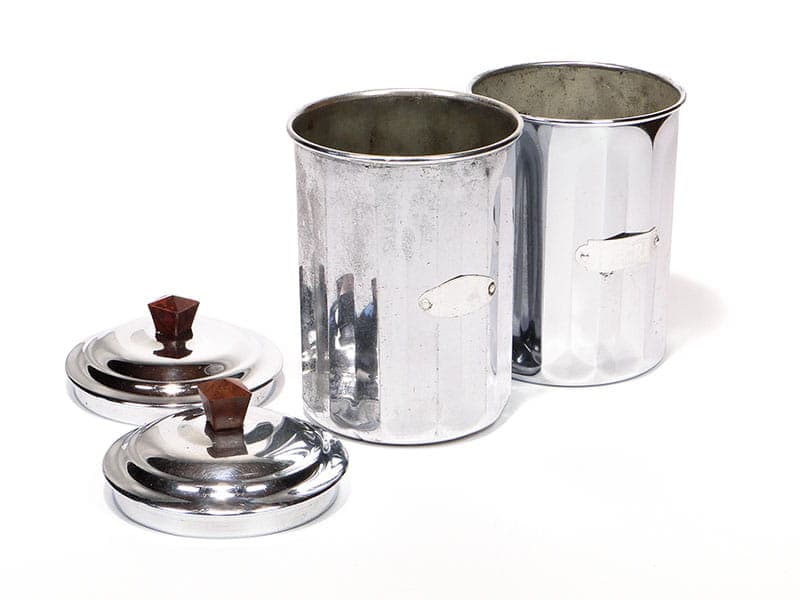 Pair of kitchen canisters Art Déco, silver chromed brass, brown ebonite, France, 1920s - 390419