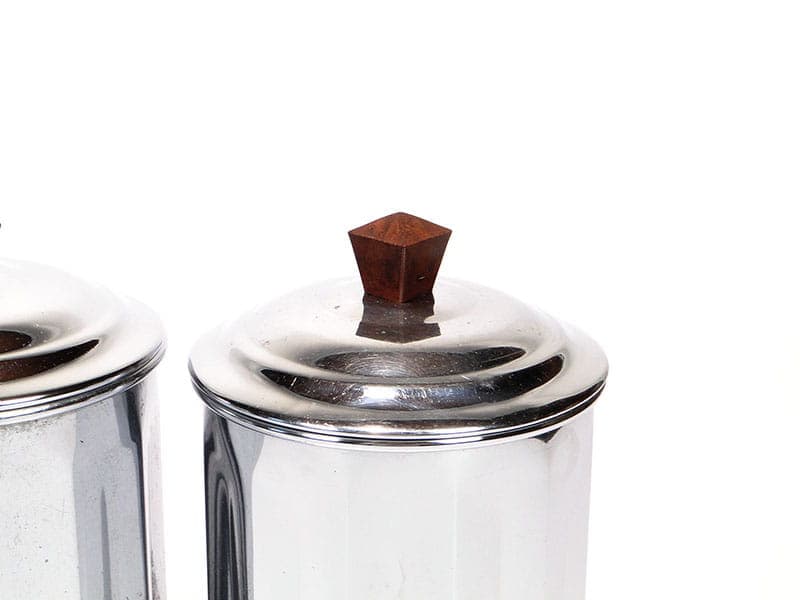 Pair of kitchen canisters Art Déco, silver chromed brass, brown ebonite, France, 1920s - 390415