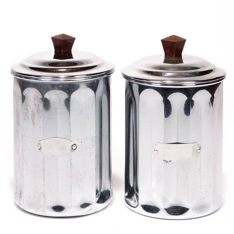 Pair of kitchen canisters Art Déco, silver chromed brass, brown ebonite, France, 1920s