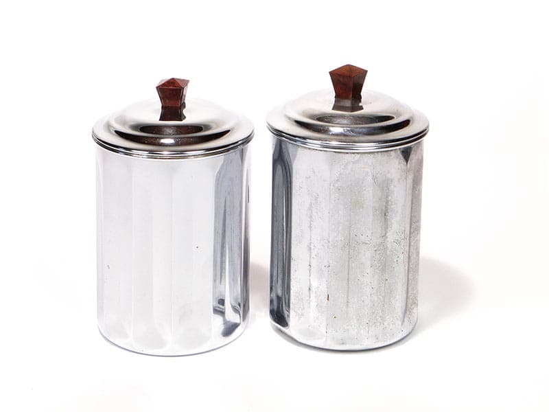 Pair of kitchen canisters Art Déco, silver chromed brass, brown ebonite, France, 1920s - 390416