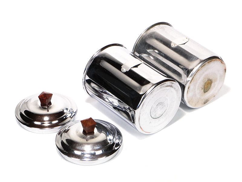 Pair of kitchen canisters Art Déco, silver chromed brass, brown ebonite, France, 1920s - 390421