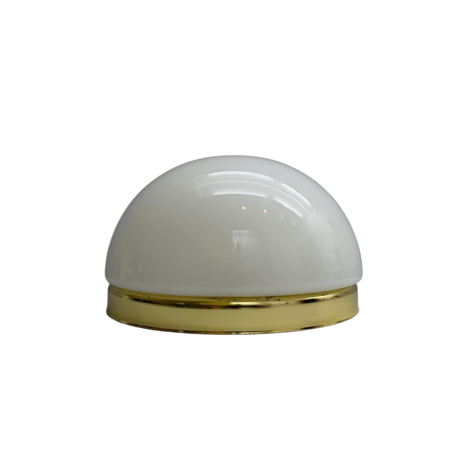 Ceiling or wall lamp, white glass, gold brass, Odreco, Denmark, 1980s.