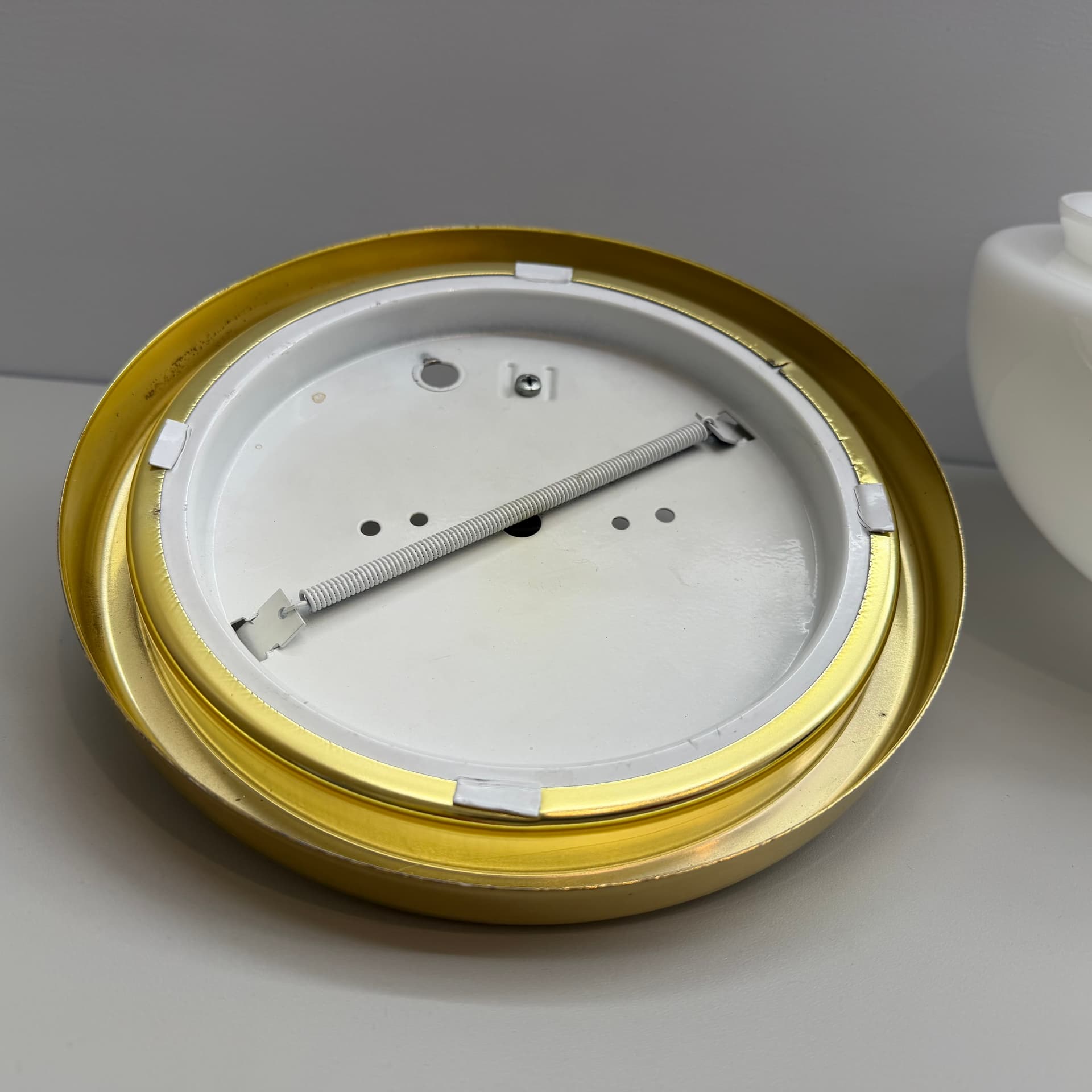 Ceiling or wall lamp, white glass, gold brass, Odreco, Denmark, 1980s. - 390444