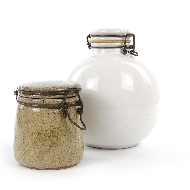 Tea container, white grey ceramic, gold brass, Germany, 1960s. - 390503