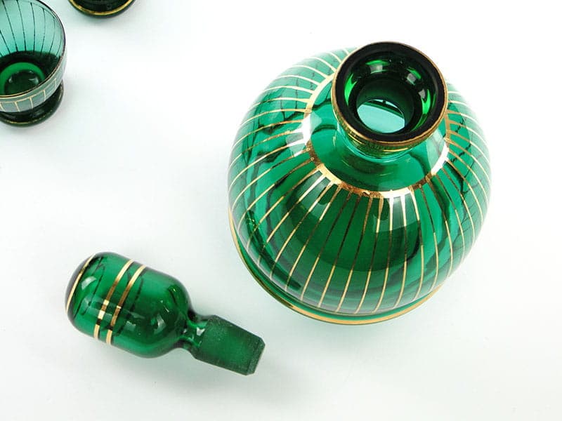 Liqueur set, Borocrystal Chribska, green glass, gilded, Czechoslovakia, 1950s - 390561