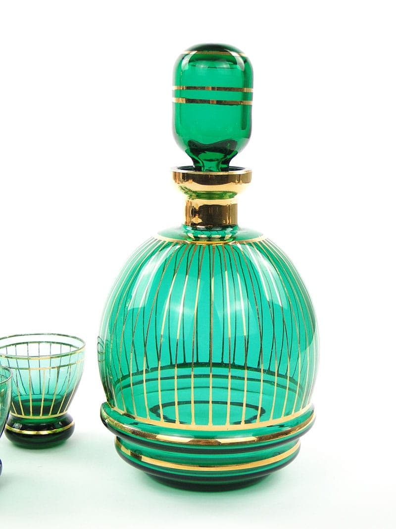 Liqueur set, Borocrystal Chribska, green glass, gilded, Czechoslovakia, 1950s - 390558