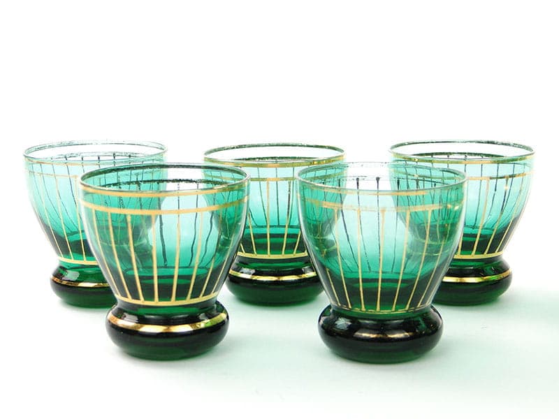 Liqueur set, Borocrystal Chribska, green glass, gilded, Czechoslovakia, 1950s - 390560