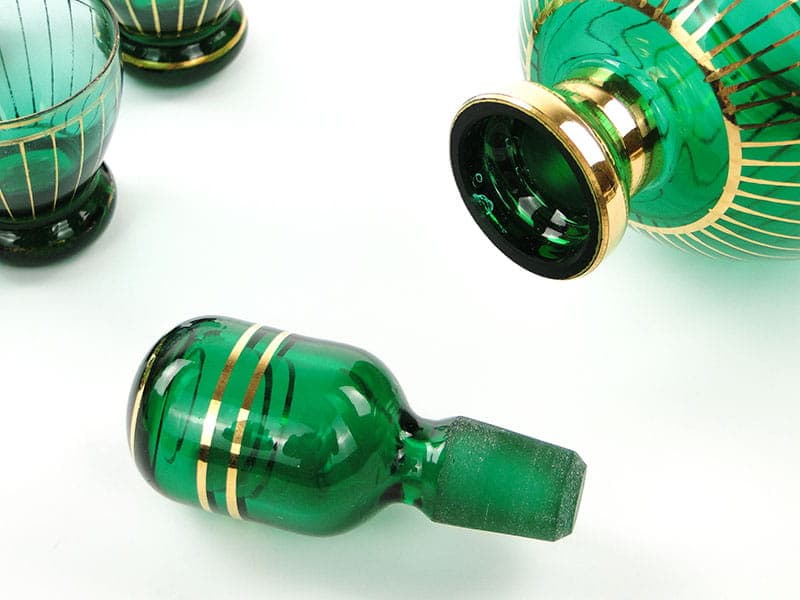 Liqueur set, Borocrystal Chribska, green glass, gilded, Czechoslovakia, 1950s - 390562