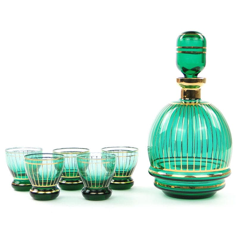 Liqueur set, Borocrystal Chribska, green glass, gilded, Czechoslovakia, 1950s - 390557