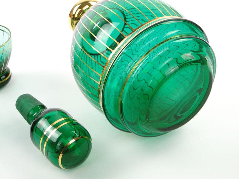 Liqueur set, Borocrystal Chribska, green glass, gilded, Czechoslovakia, 1950s - 390563