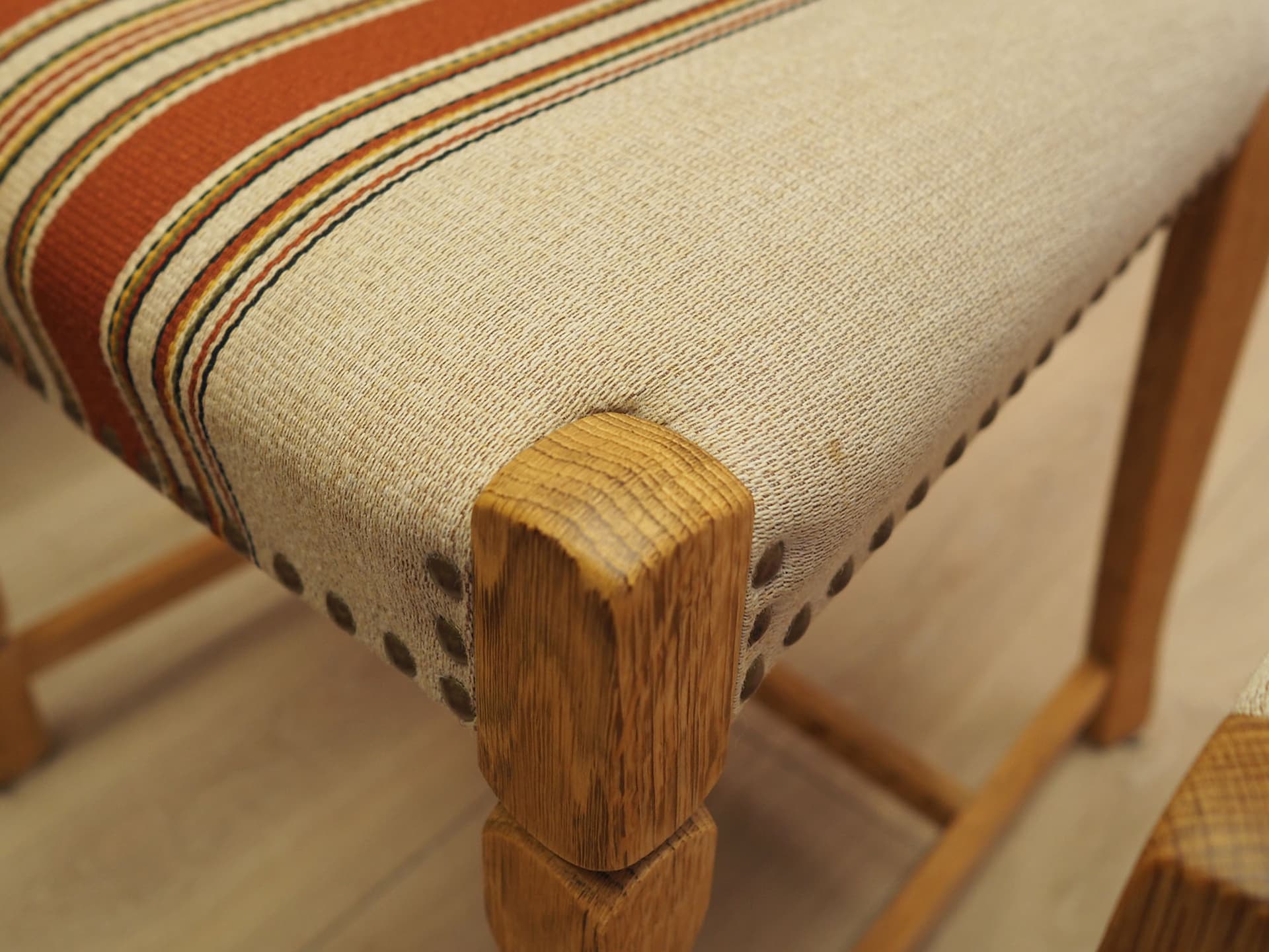 Set of chairs, oak, fabric cream brown orange beige, by H. Kjaernulf, Denmark, 1960s. - 390597