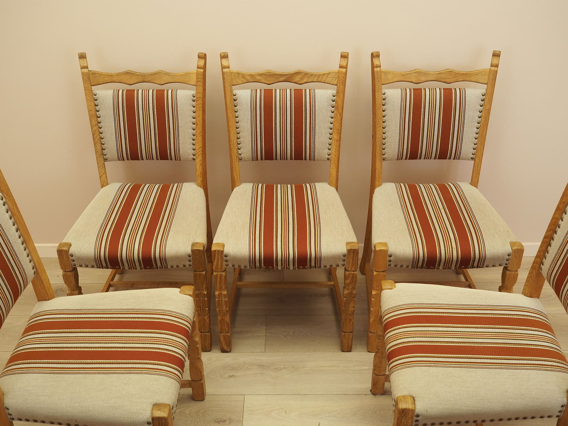 Set of chairs, oak, fabric cream brown orange beige, by H. Kjaernulf, Denmark, 1960s. - 390595
