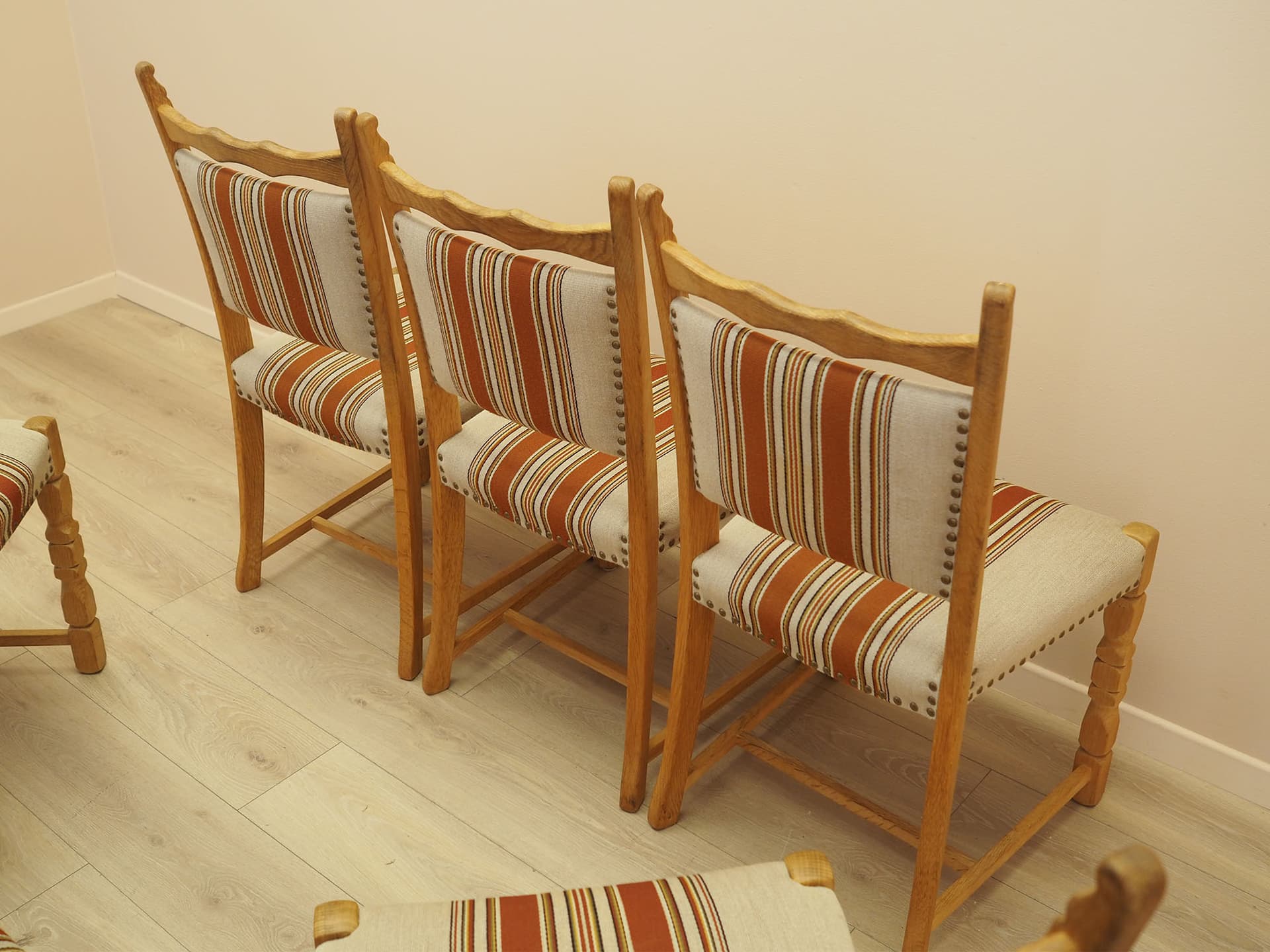 Set of chairs, oak, fabric cream brown orange beige, by H. Kjaernulf, Denmark, 1960s. - 390602