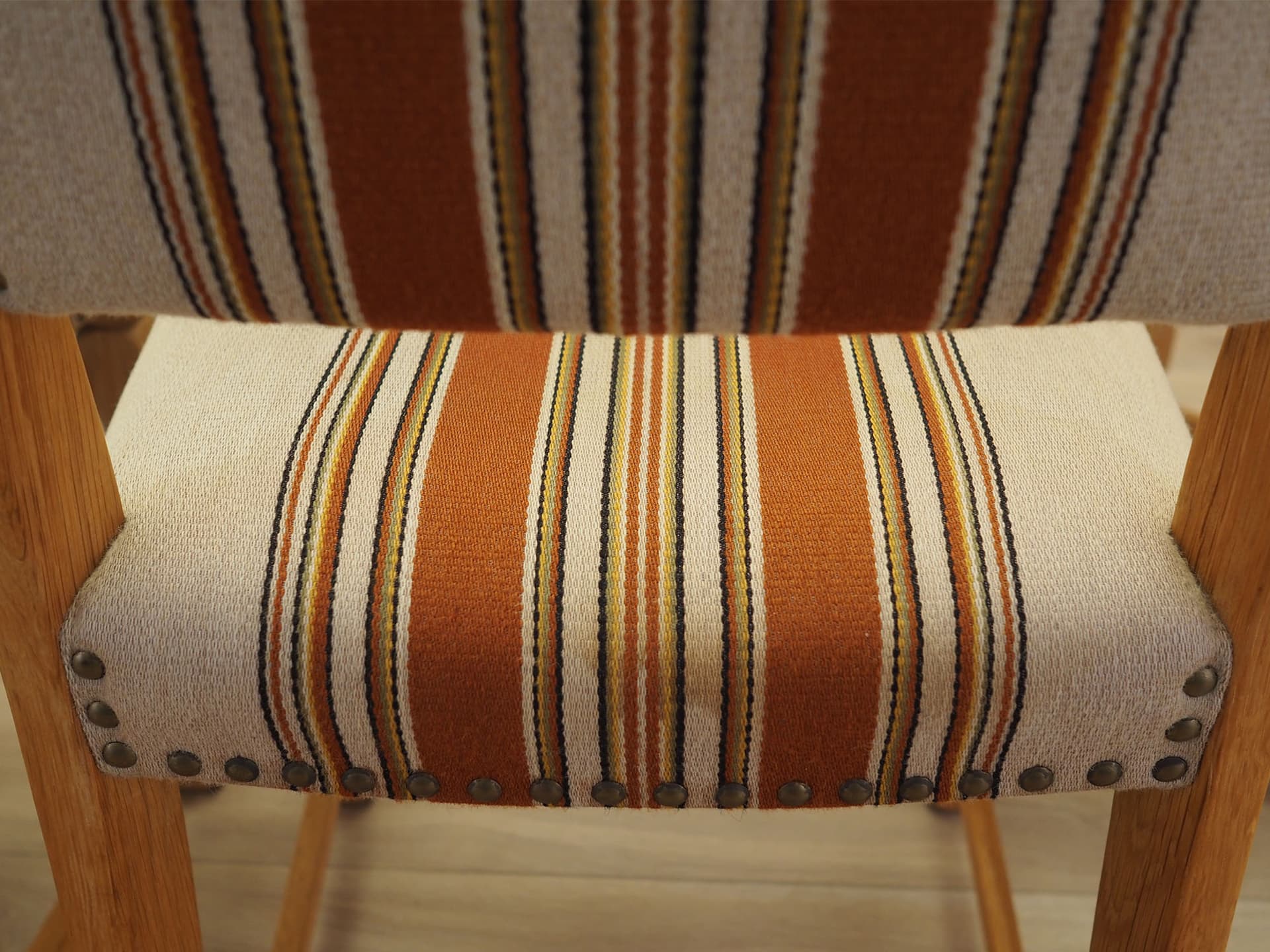 Set of chairs, oak, fabric cream brown orange beige, by H. Kjaernulf, Denmark, 1960s. - 390603