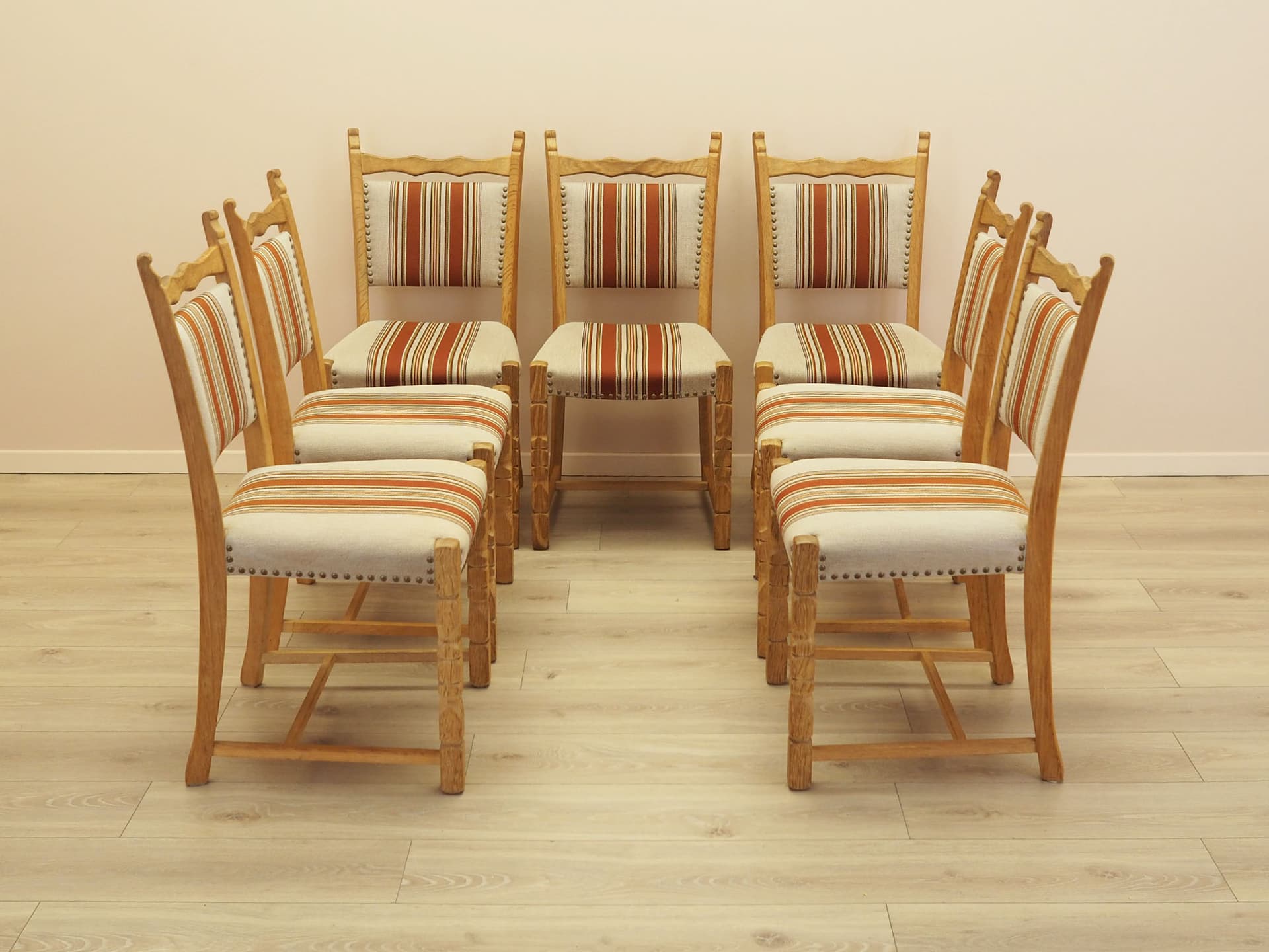 Set of chairs, oak, fabric cream brown orange beige, by H. Kjaernulf, Denmark, 1960s. - 390593
