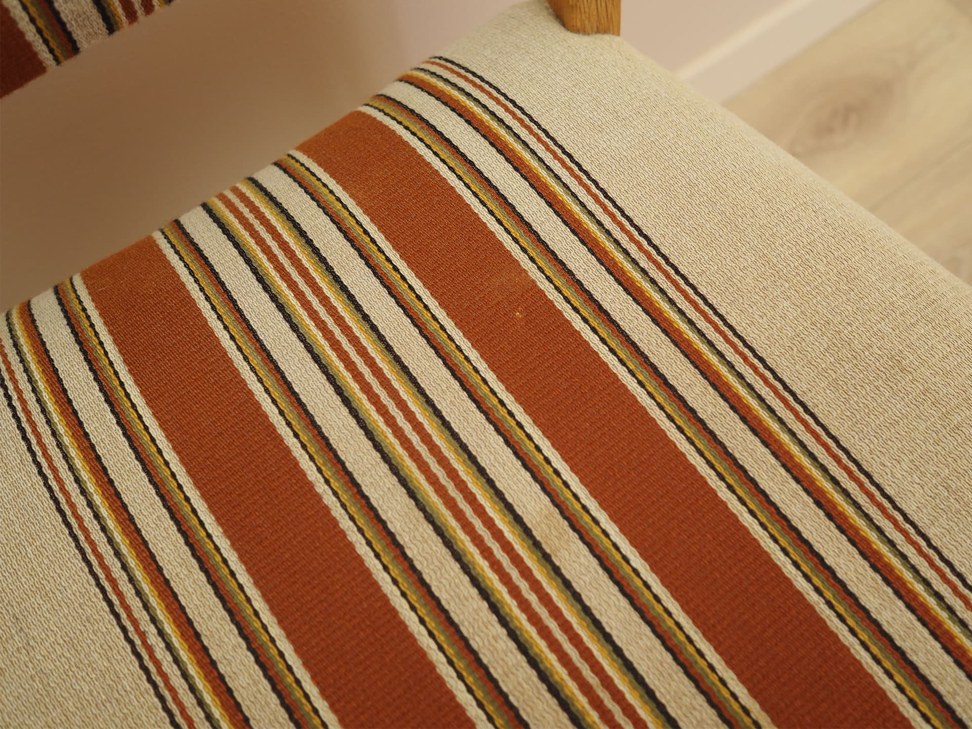 Set of chairs, oak, fabric cream brown orange beige, by H. Kjaernulf, Denmark, 1960s. - 390601