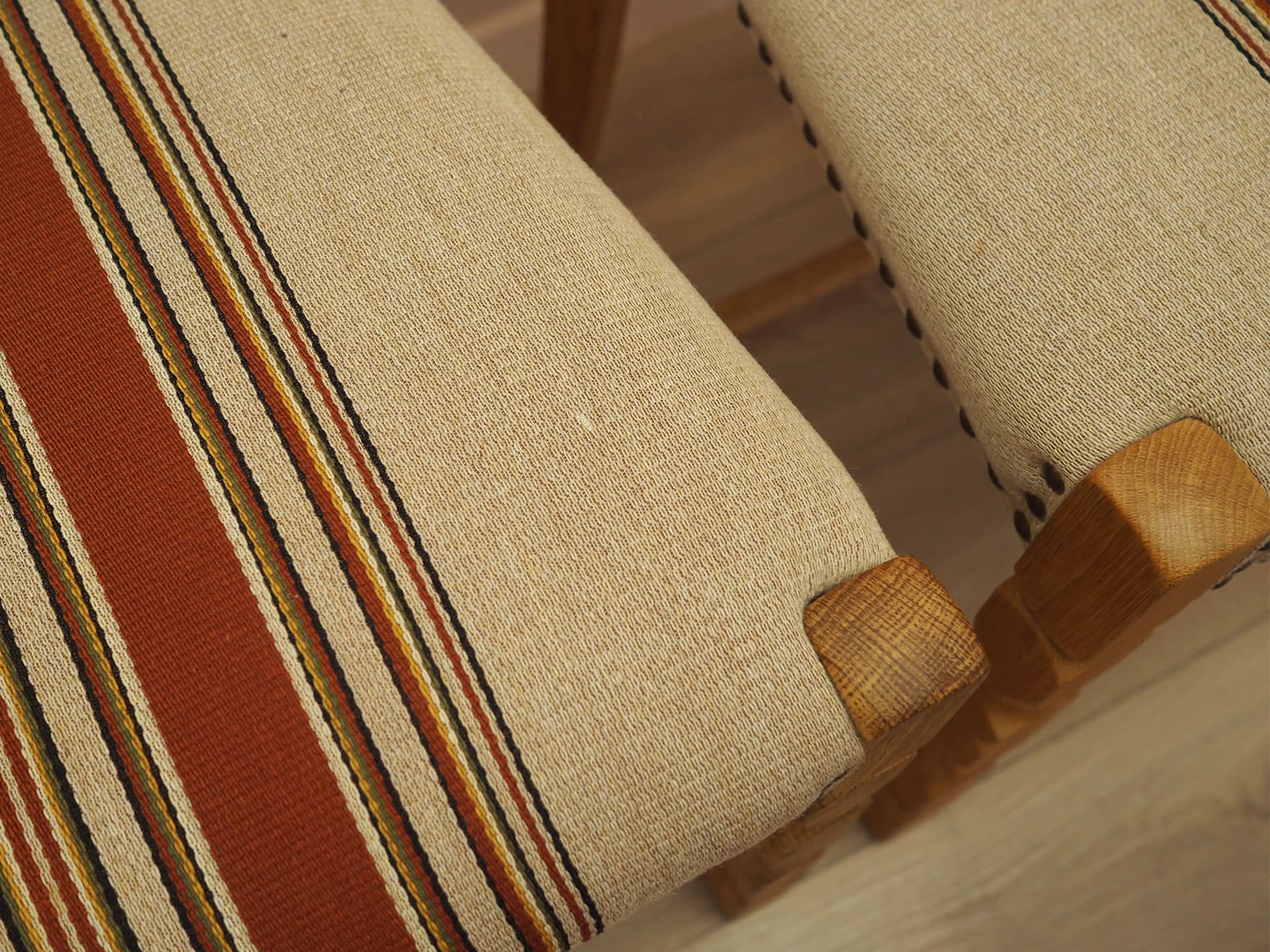 Set of chairs, oak, fabric cream brown orange beige, by H. Kjaernulf, Denmark, 1960s. - 390598