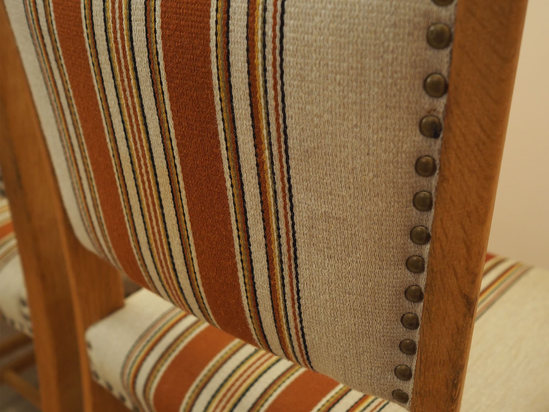 Set of chairs, oak, fabric cream brown orange beige, by H. Kjaernulf, Denmark, 1960s. - 390604
