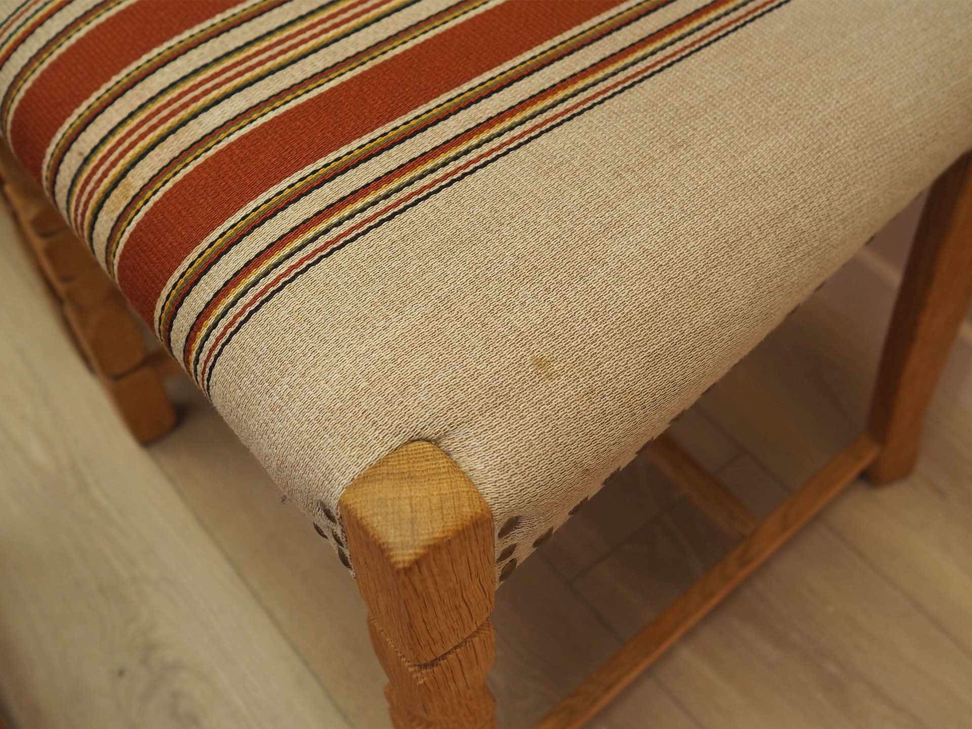 Set of chairs, oak, fabric cream brown orange beige, by H. Kjaernulf, Denmark, 1960s. - 390596