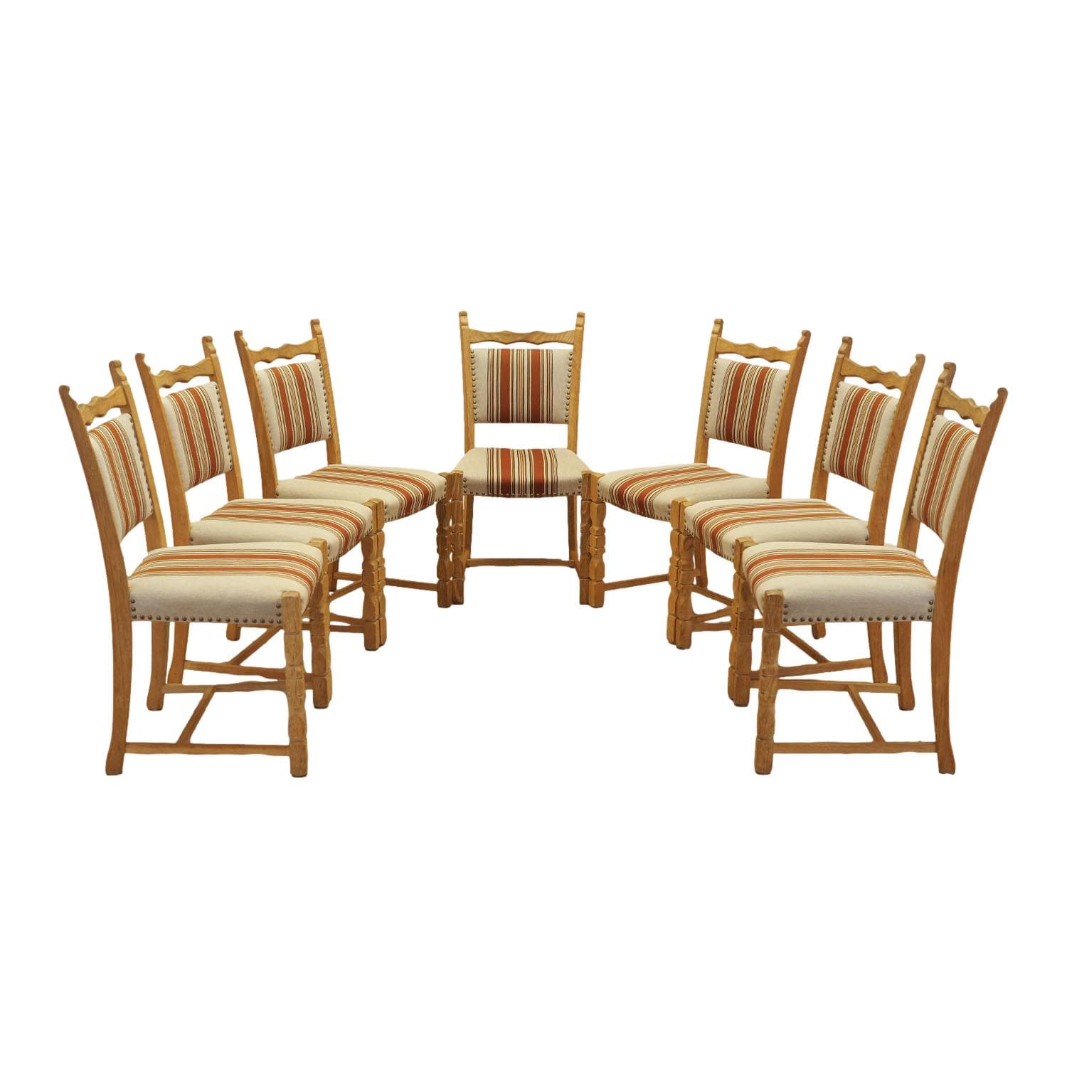 Set of chairs, oak, fabric cream brown orange beige, by H. Kjaernulf, Denmark, 1960s.