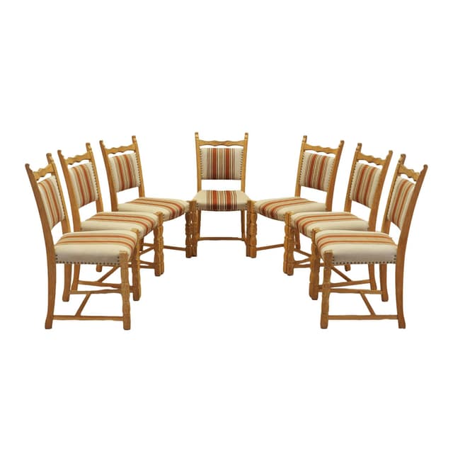 Set of chairs, oak, fabric cream brown orange beige, by H. Kjaernulf, Denmark, 1960s. - DIMENSION