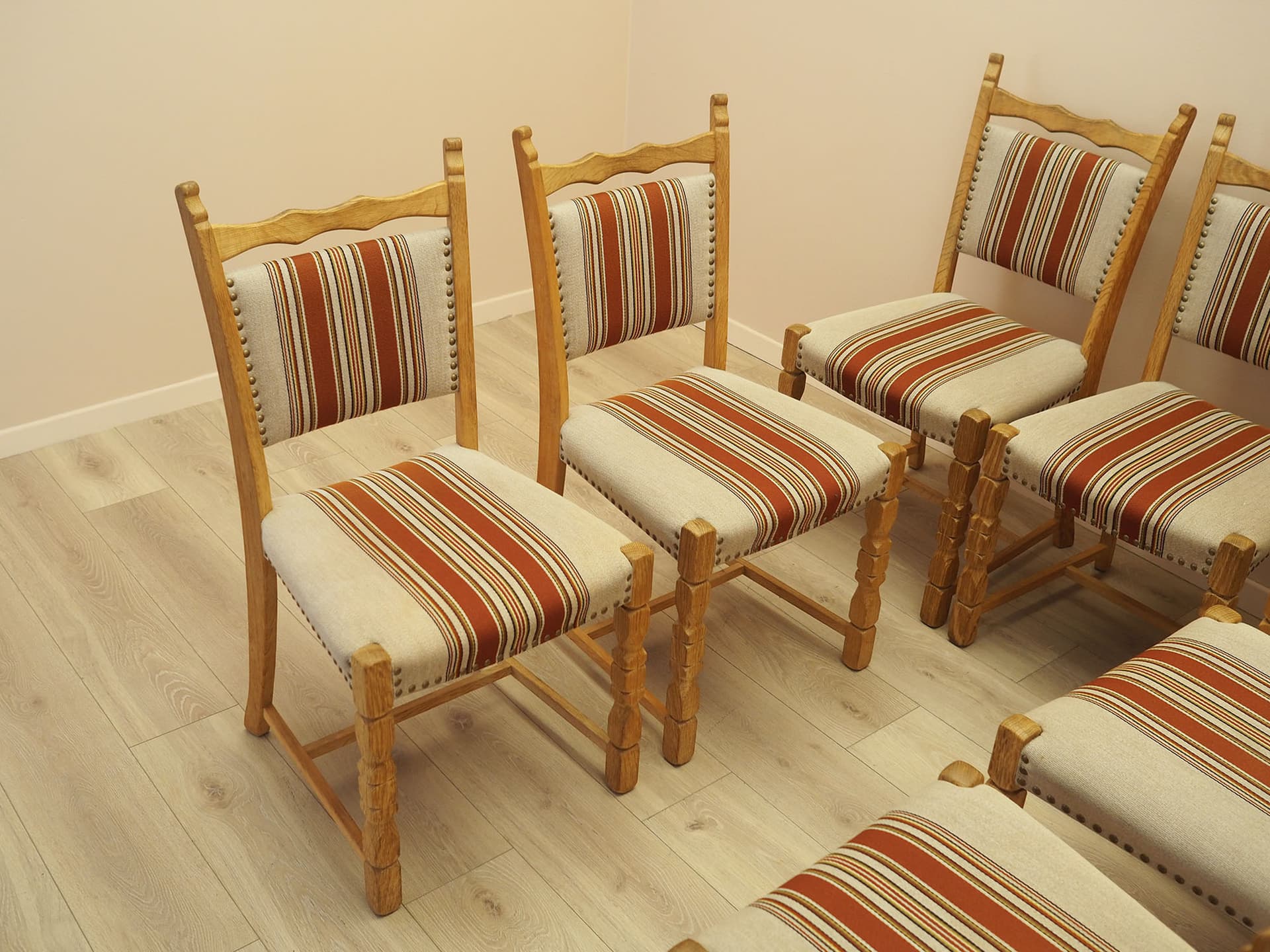 Set of chairs, oak, fabric cream brown orange beige, by H. Kjaernulf, Denmark, 1960s. - 390594