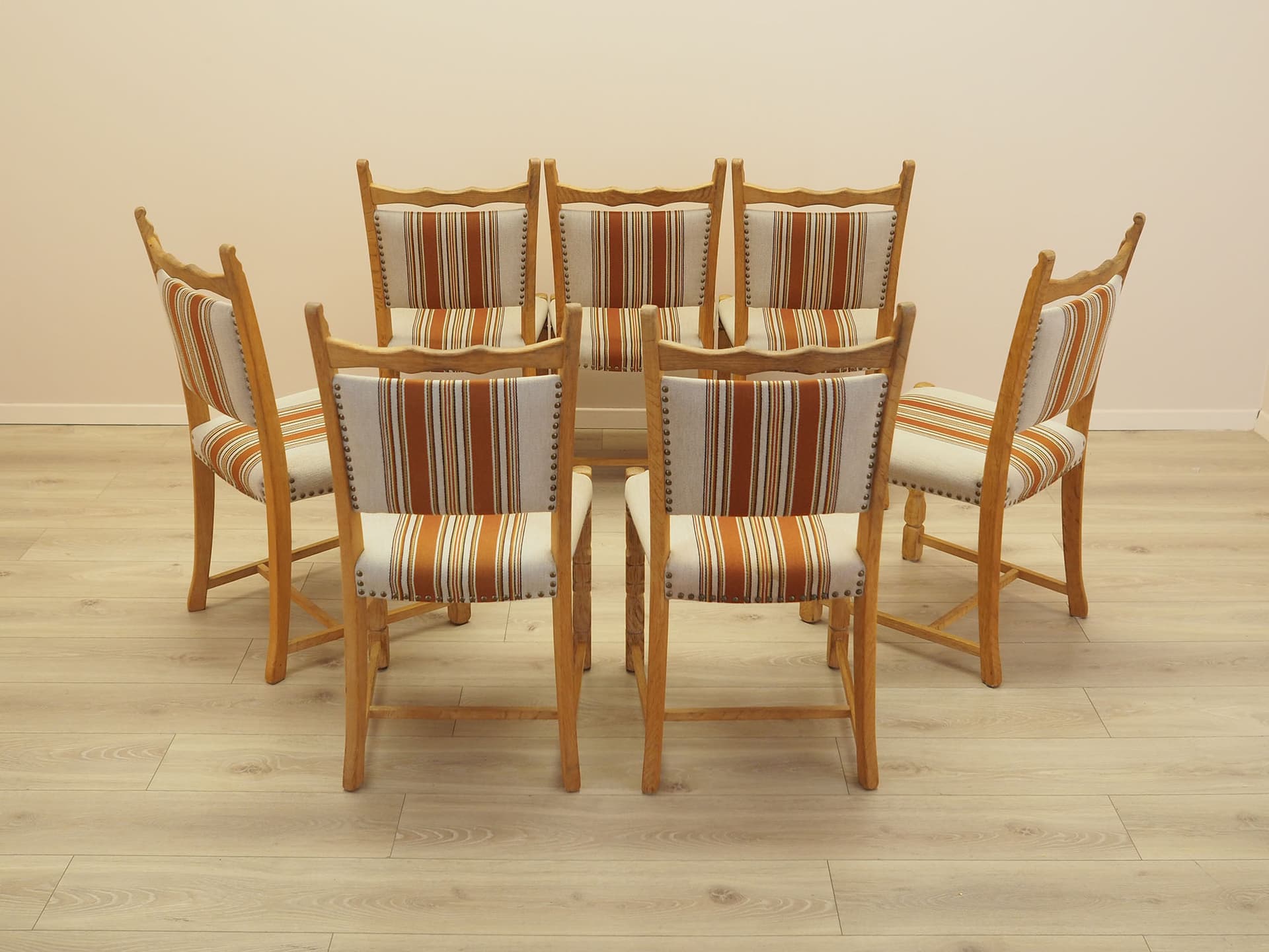 Set of chairs, oak, fabric cream brown orange beige, by H. Kjaernulf, Denmark, 1960s. - 390600