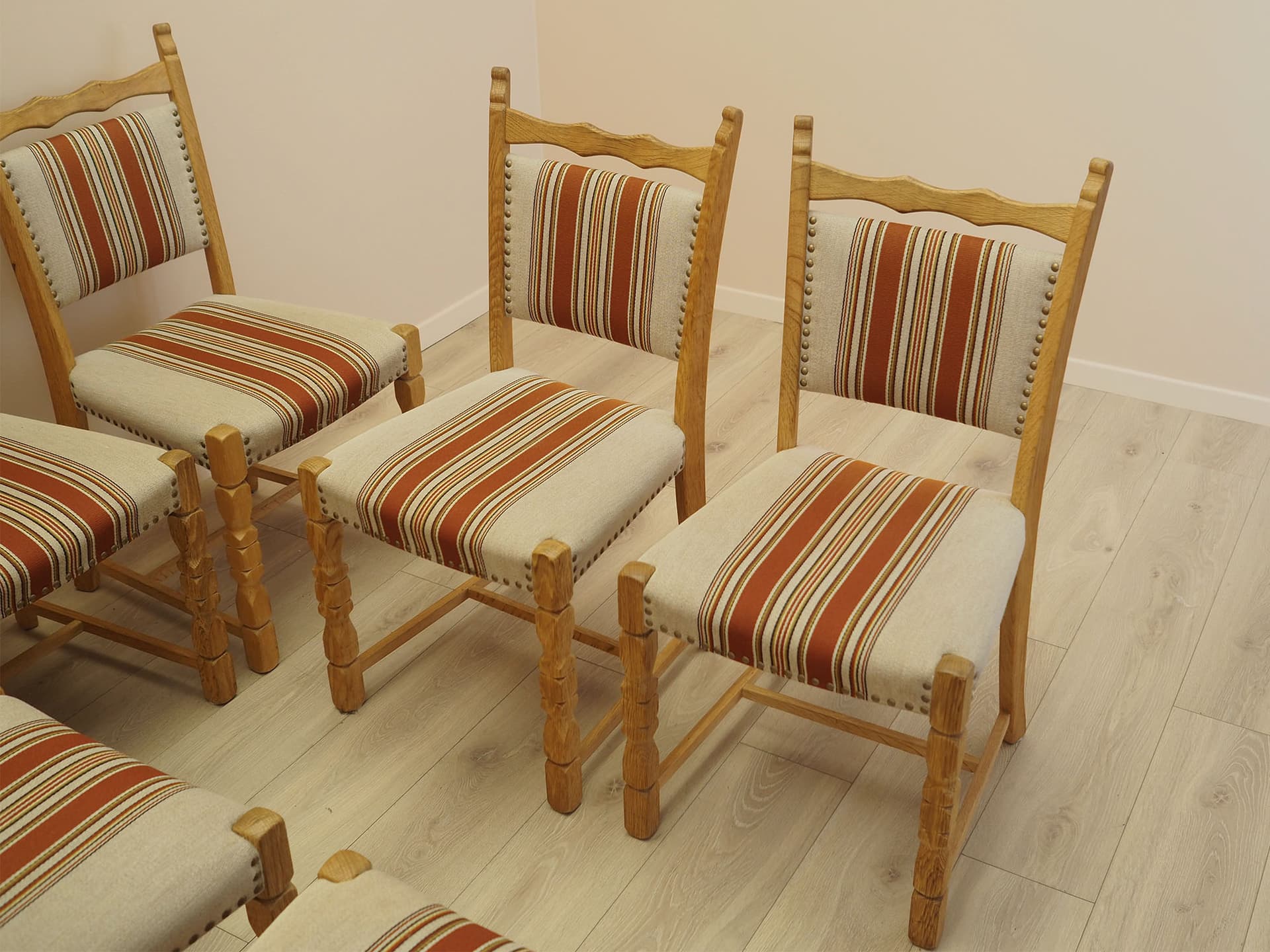Set of chairs, oak, fabric cream brown orange beige, by H. Kjaernulf, Denmark, 1960s. - 390599