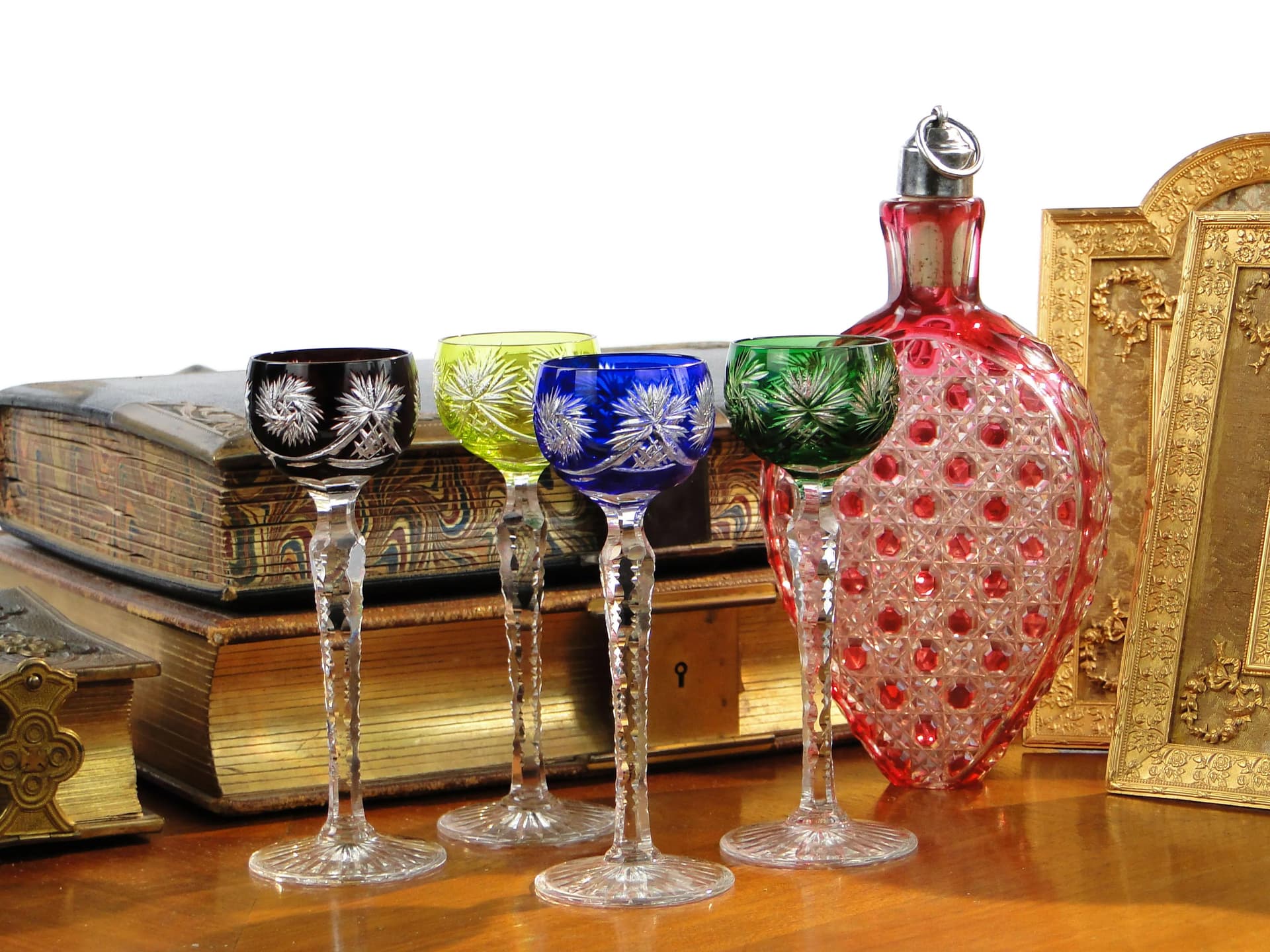 Set of liqueur glasses, Art Deco, green blue red clear, crystal, Poland, 1920s. - 390673