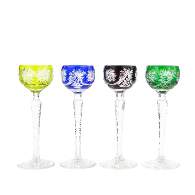 Set of liqueur glasses, Art Deco, green blue red clear, crystal, Poland, 1920s. - DIMENSION