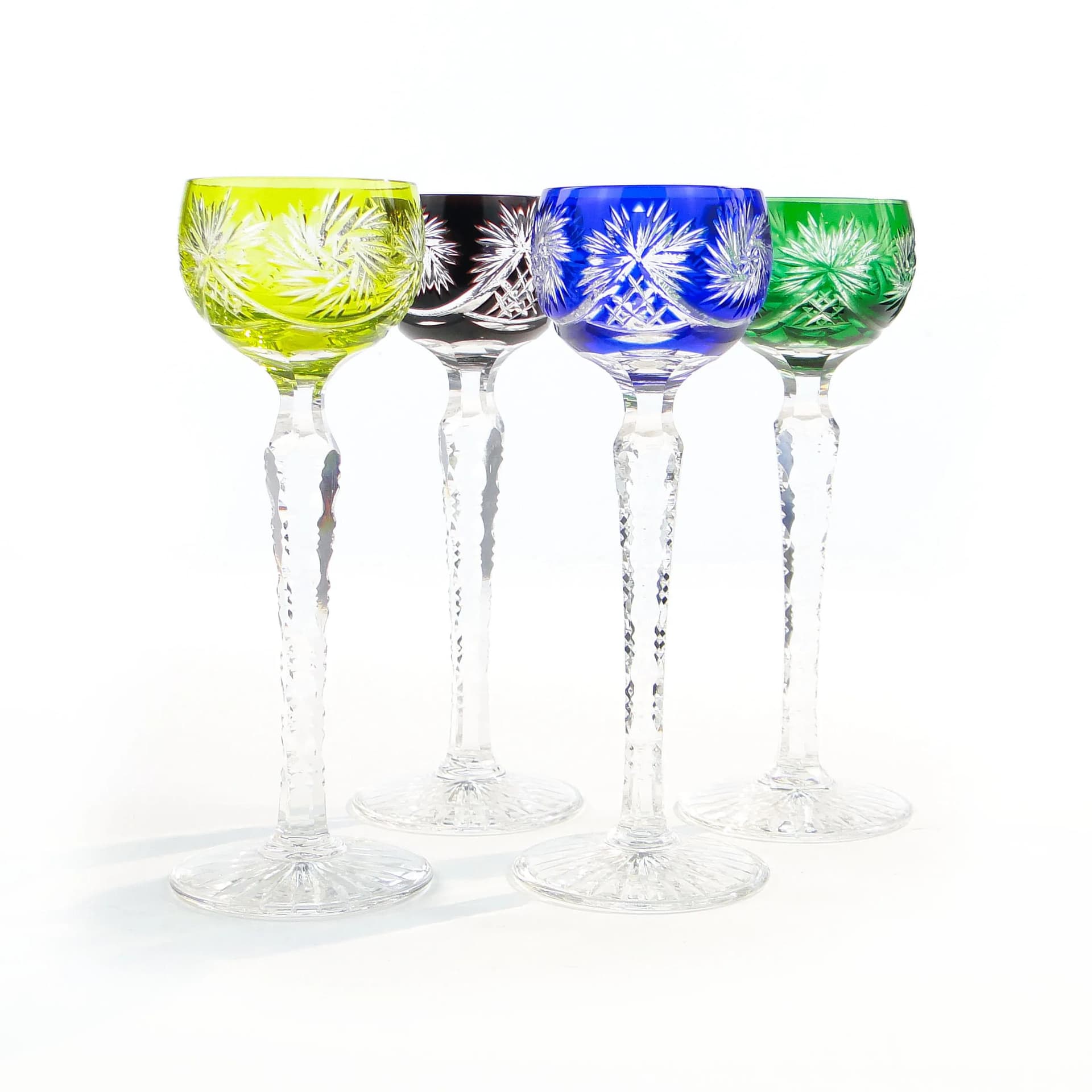 Set of liqueur glasses, Art Deco, green blue red clear, crystal, Poland, 1920s. - 390677