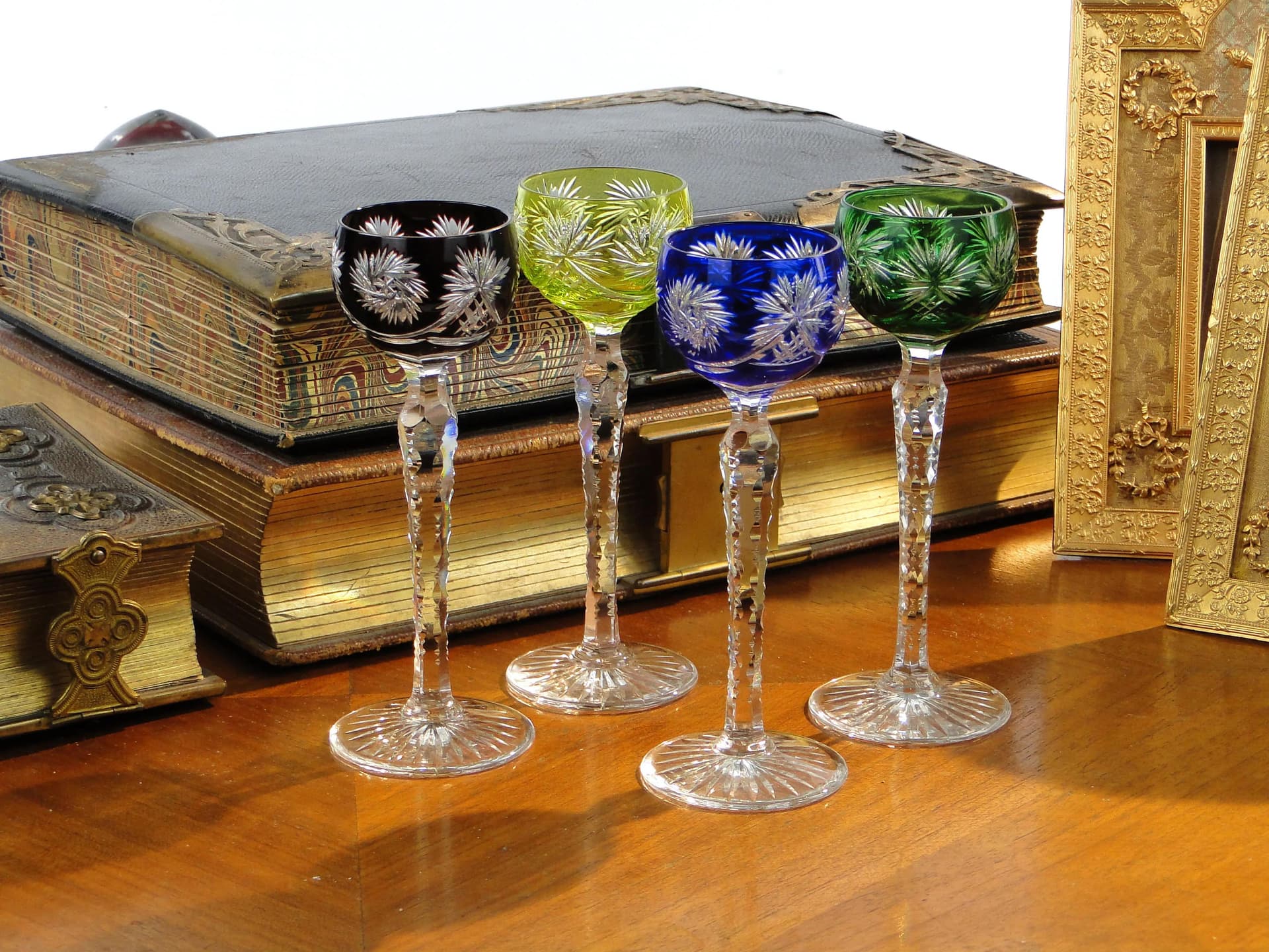 Set of liqueur glasses, Art Deco, green blue red clear, crystal, Poland, 1920s. - 390672