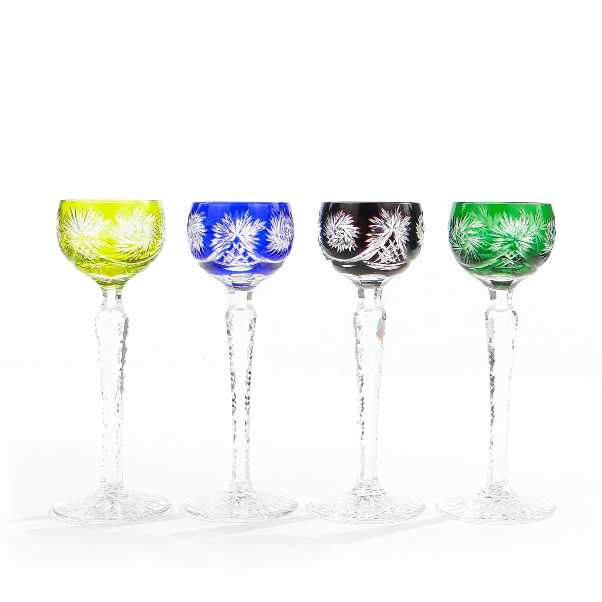 Set of liqueur glasses, Art Deco, green blue red clear, crystal, Poland, 1920s. - 390674