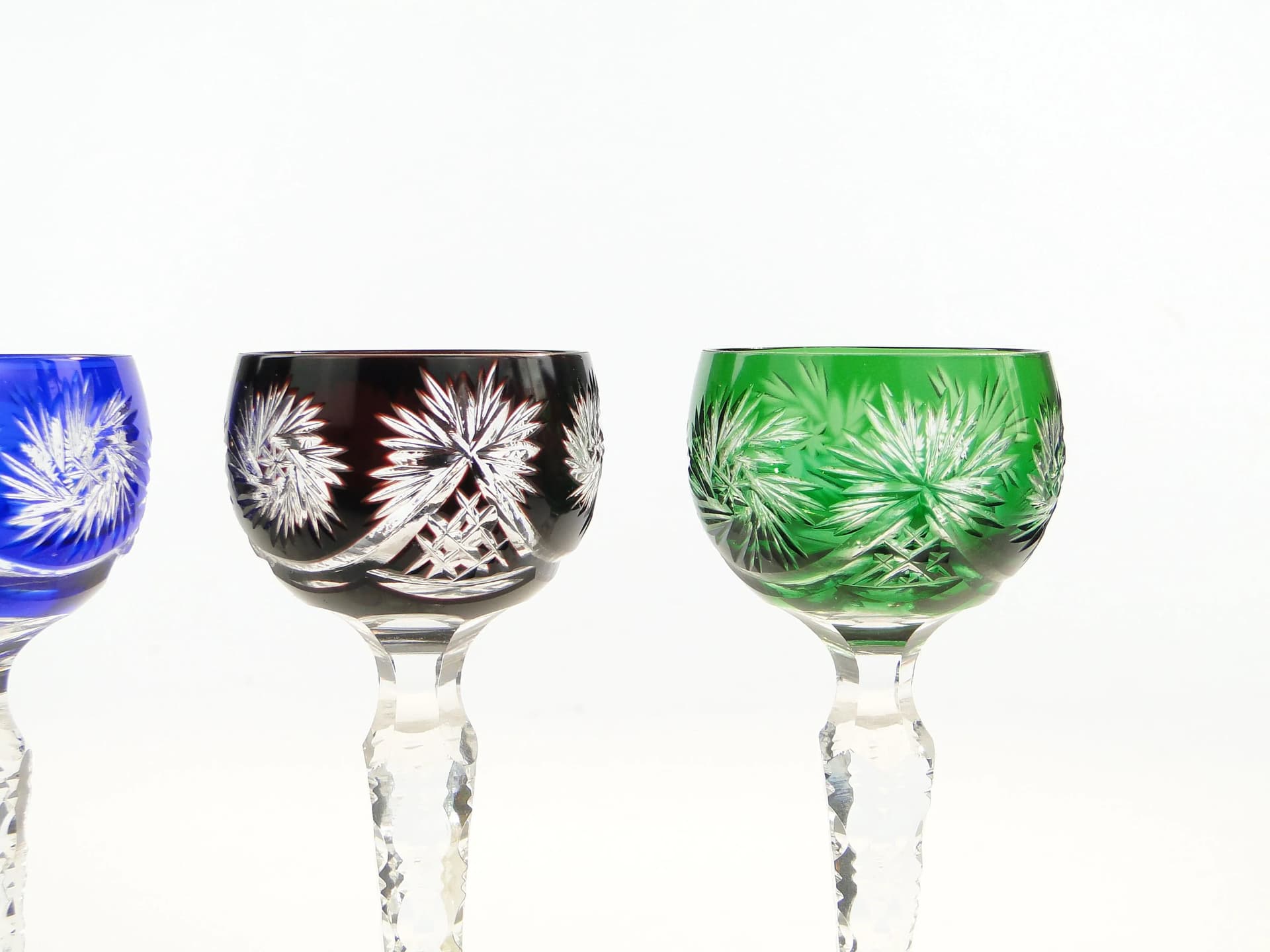 Set of liqueur glasses, Art Deco, green blue red clear, crystal, Poland, 1920s. - 390676