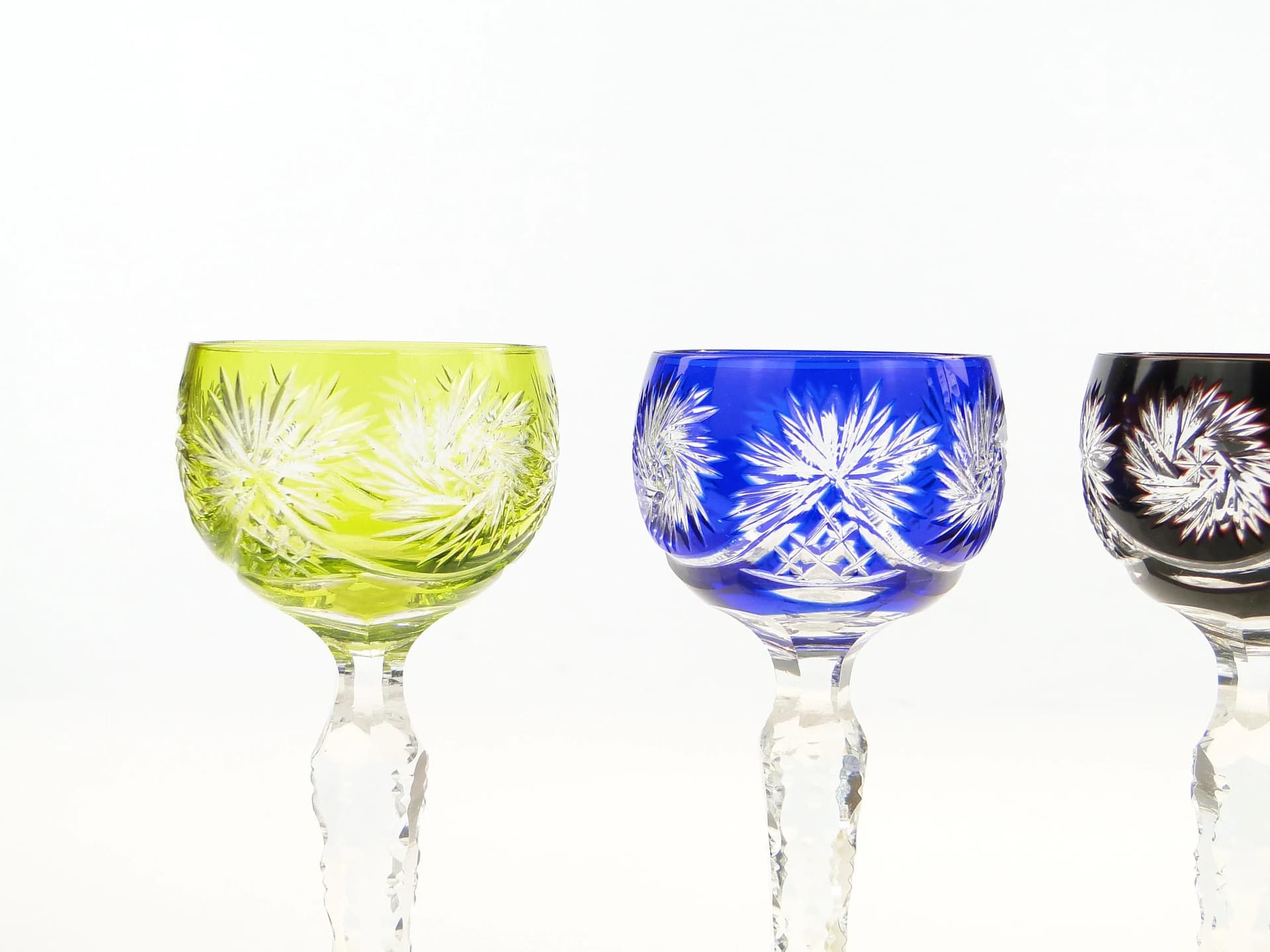 Set of liqueur glasses, Art Deco, green blue red clear, crystal, Poland, 1920s. - 390675