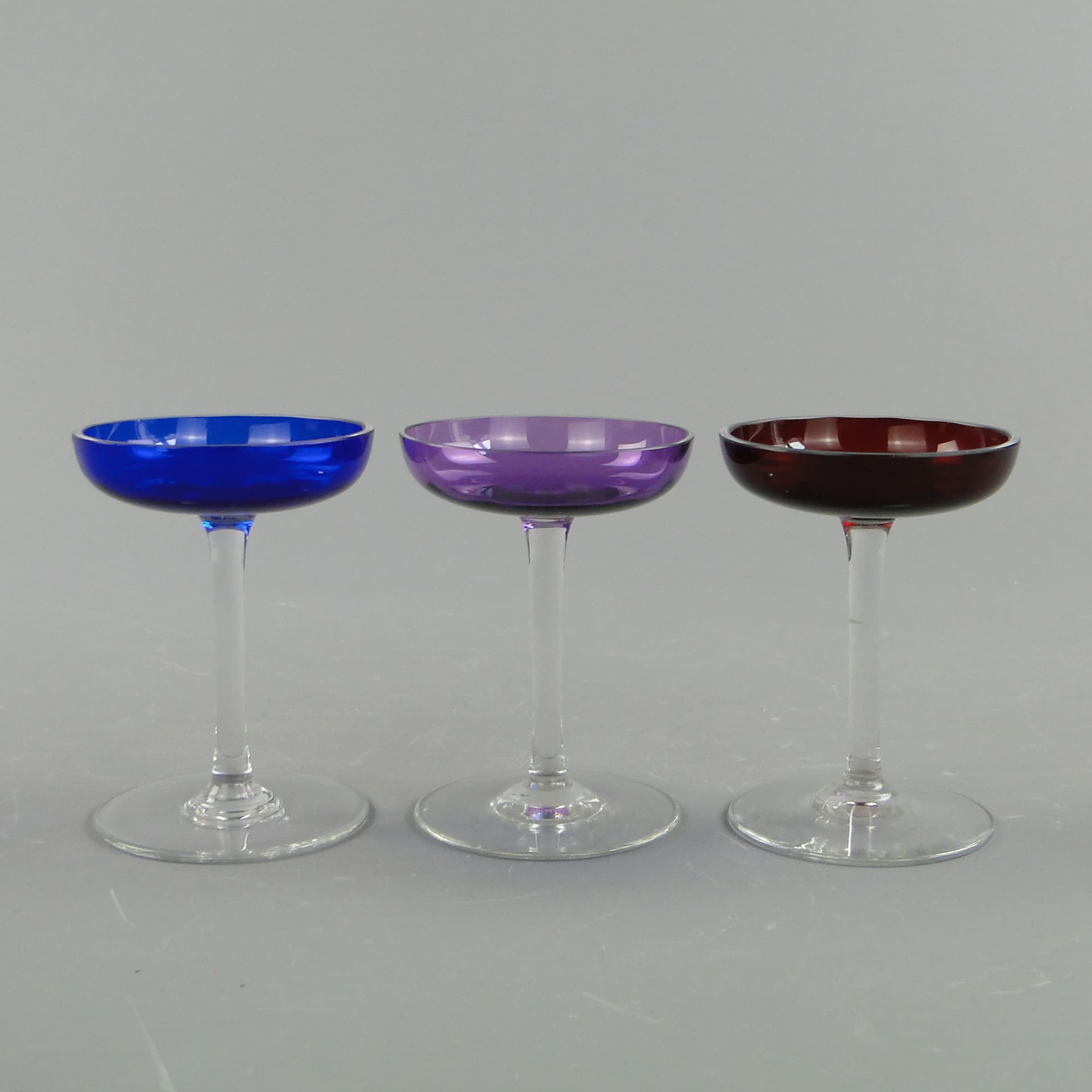 Set of liqueur glasses, Art Deco, blue purple red clear, glass, Czechoslovakia, 1920s. - 390678
