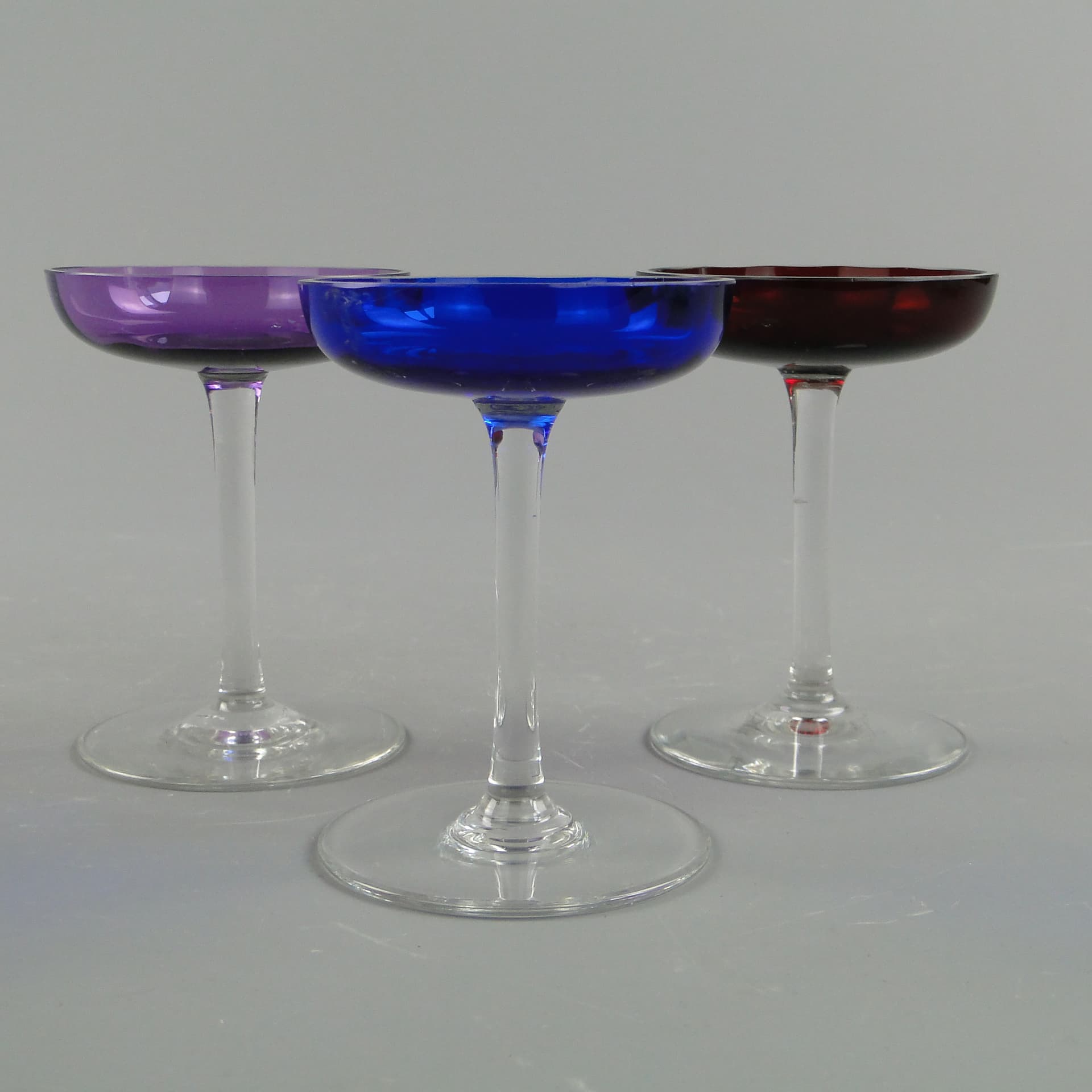 Set of liqueur glasses, Art Deco, blue purple red clear, glass, Czechoslovakia, 1920s. - 390683