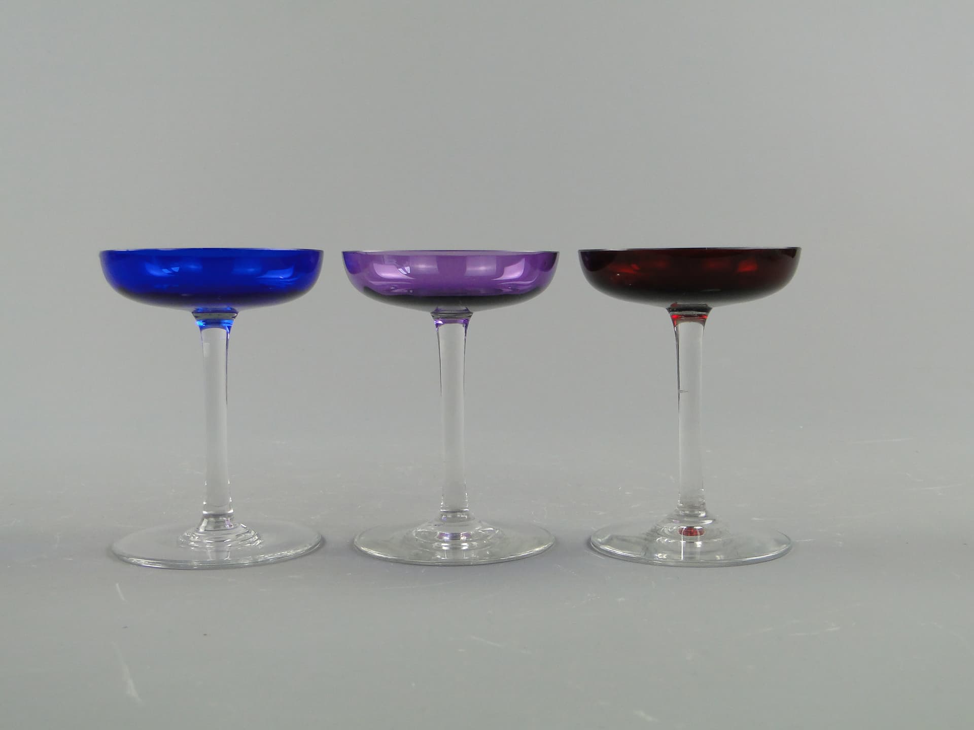 Set of liqueur glasses, Art Deco, blue purple red clear, glass, Czechoslovakia, 1920s. - 390681