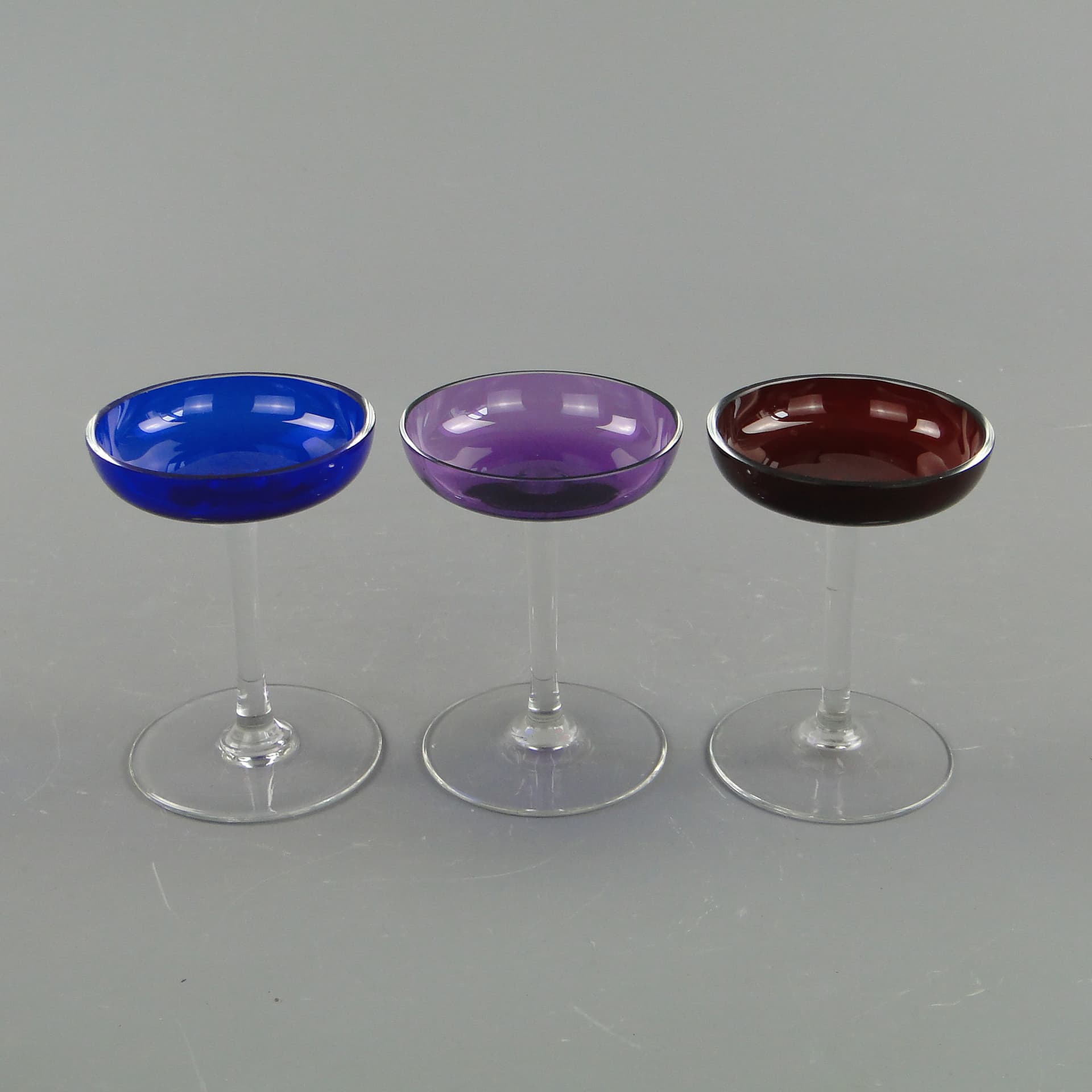 Set of liqueur glasses, Art Deco, blue purple red clear, glass, Czechoslovakia, 1920s. - 390680