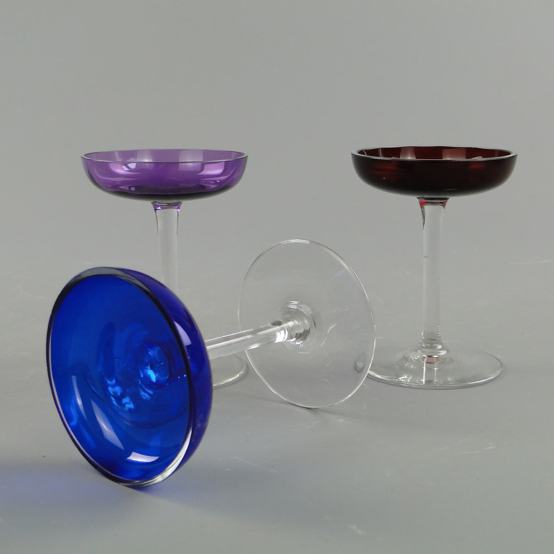 Set of liqueur glasses, Art Deco, blue purple red clear, glass, Czechoslovakia, 1920s. - 390685
