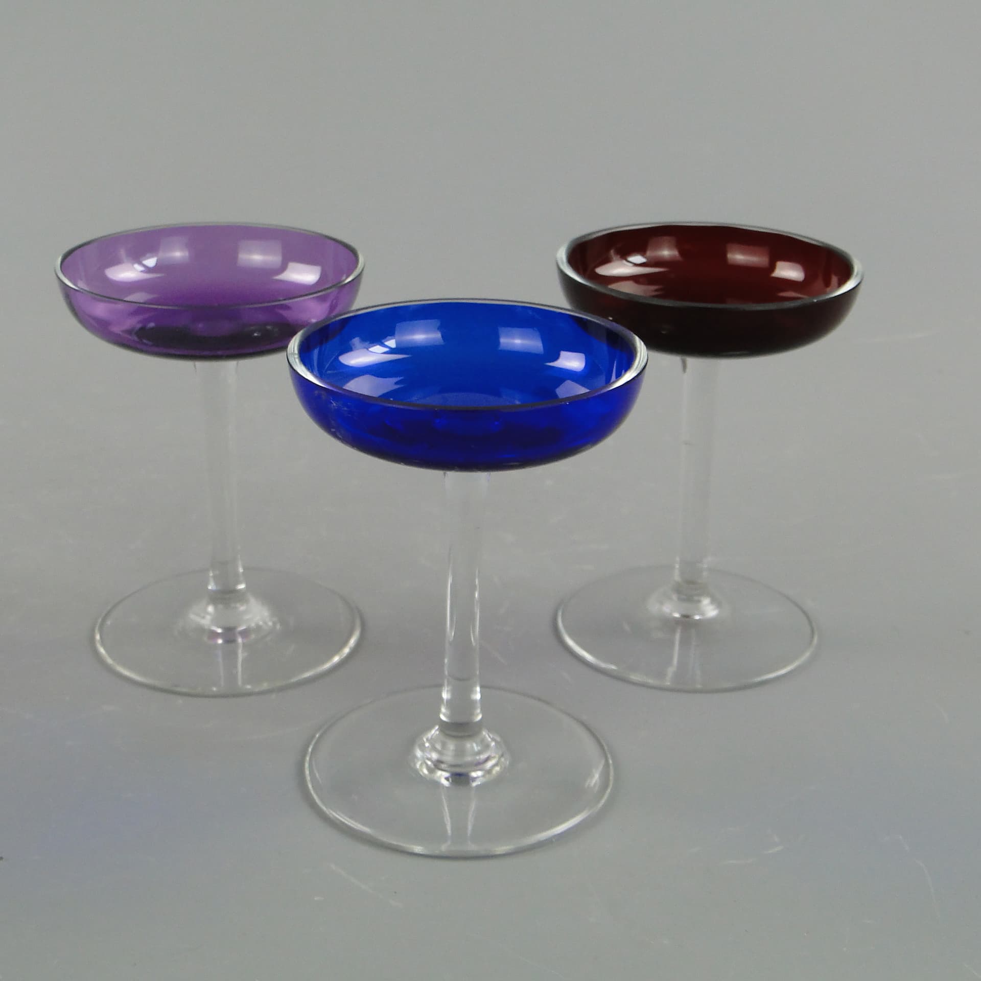 Set of liqueur glasses, Art Deco, blue purple red clear, glass, Czechoslovakia, 1920s. - 390684