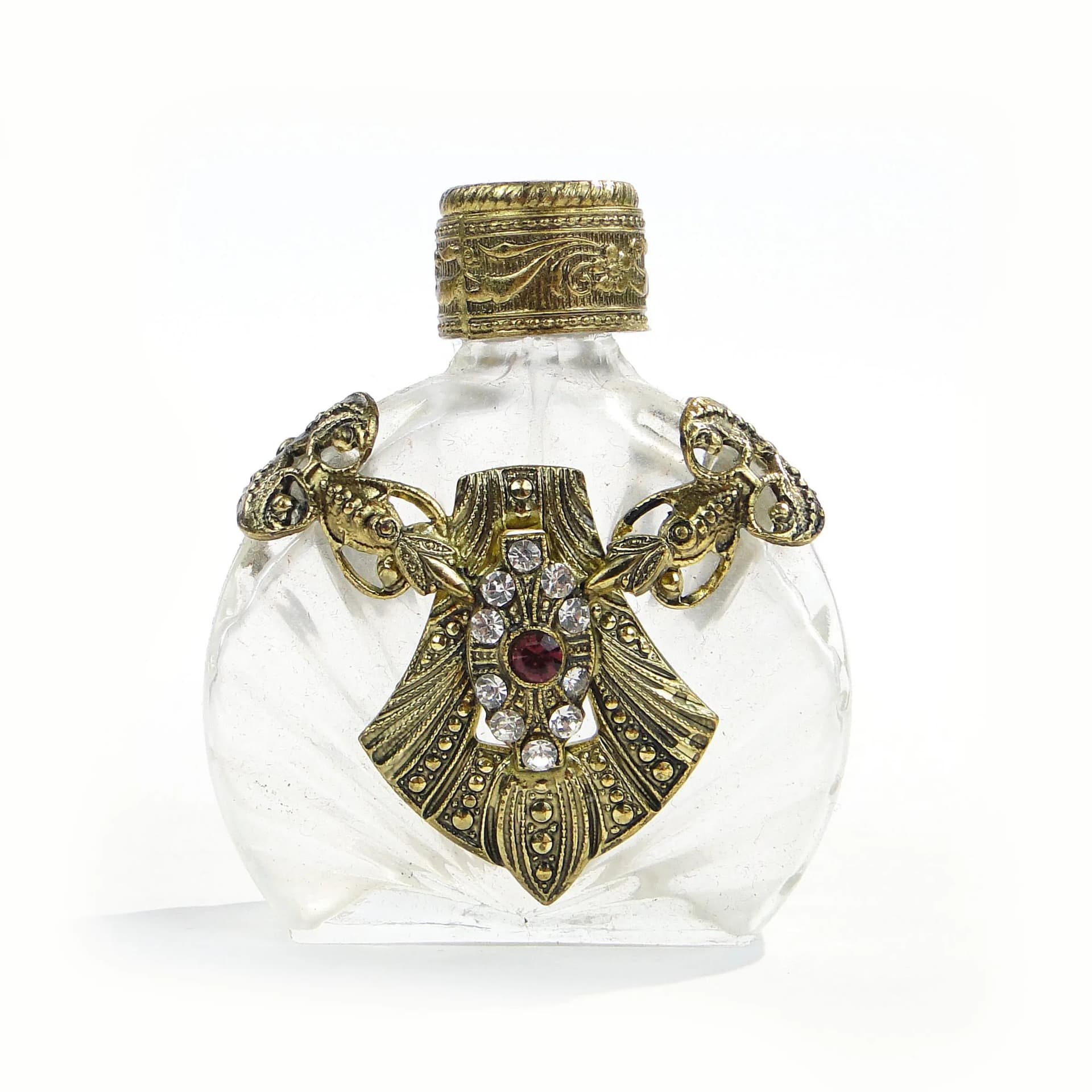 Flakon na perfumy, złoty, szkło, metal, Bohemia, Czechy, lata 50. - 390793