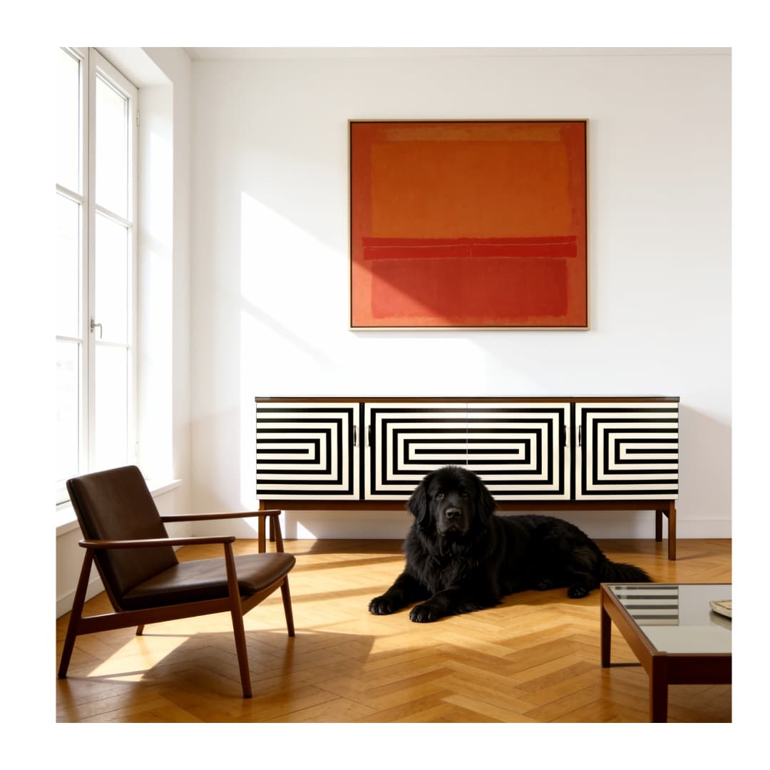 Sideboard Op Art, brązowy, drewno, szkło czarne, Polska, lata 70. - 391107