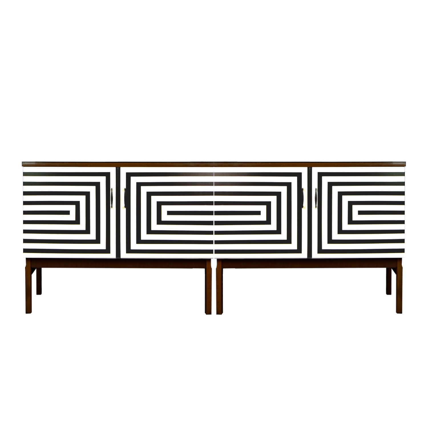 Sideboard Op Art, brązowy, drewno, szkło czarne, Polska, lata 70.