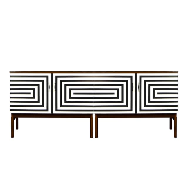 Sideboard Op Art, brązowy, drewno, szkło czarne, Polska, lata 70. - WYMIARY