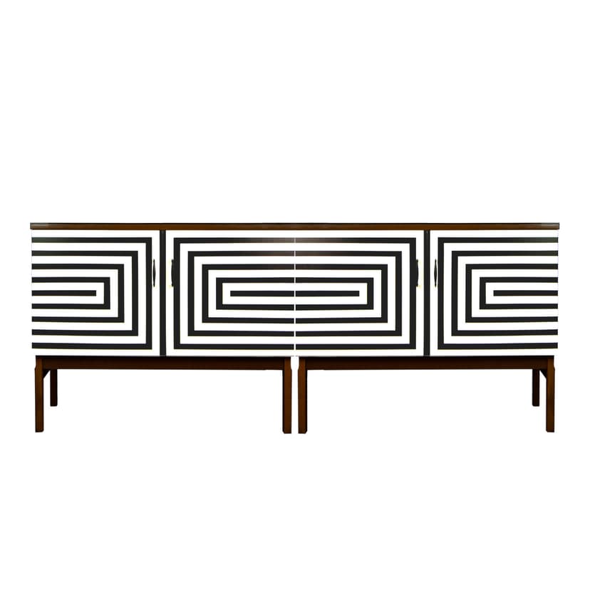 Sideboard Op Art, brązowy, drewno, szkło czarne, Polska, lata 70.