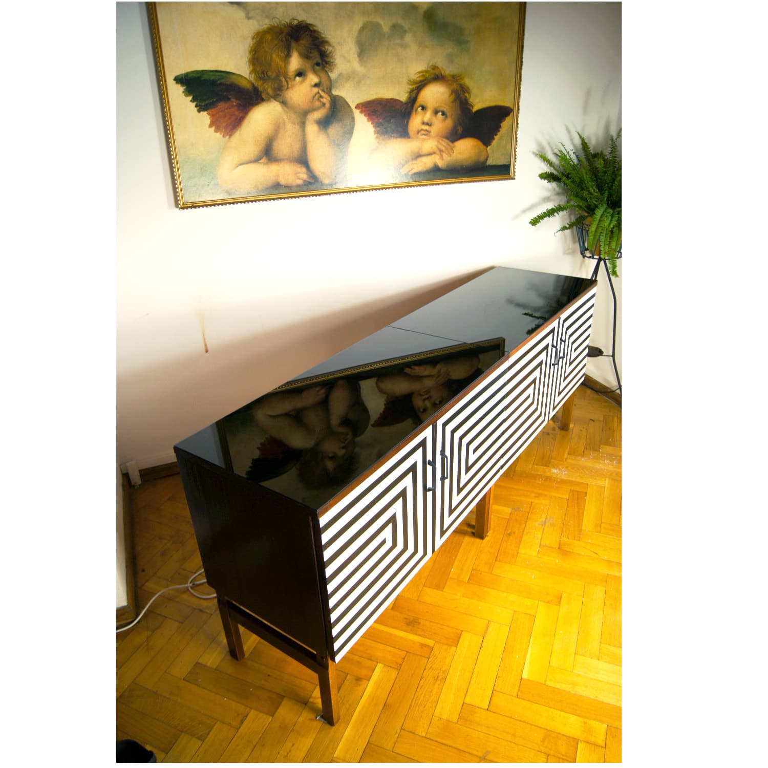 Sideboard Op Art, brązowy, drewno, szkło czarne, Polska, lata 70. - 391106