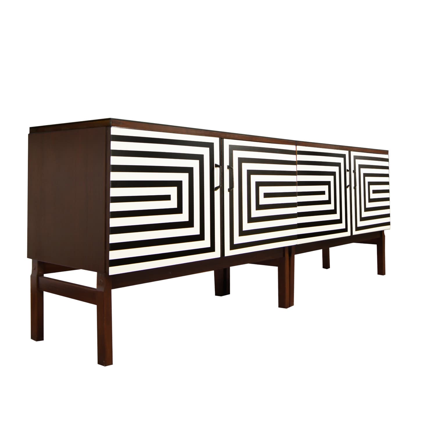 Sideboard Op Art, brązowy, drewno, szkło czarne, Polska, lata 70. - 391103