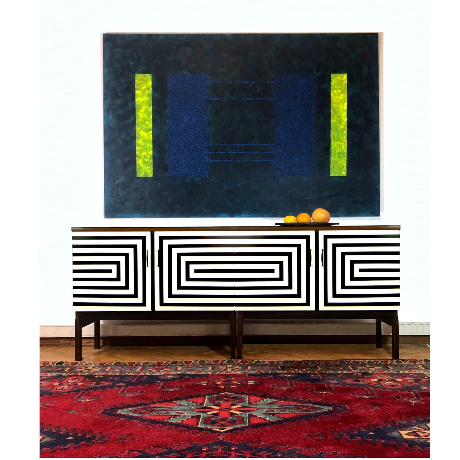 Sideboard Op Art, brązowy, drewno, szkło czarne, Polska, lata 70. - 391105
